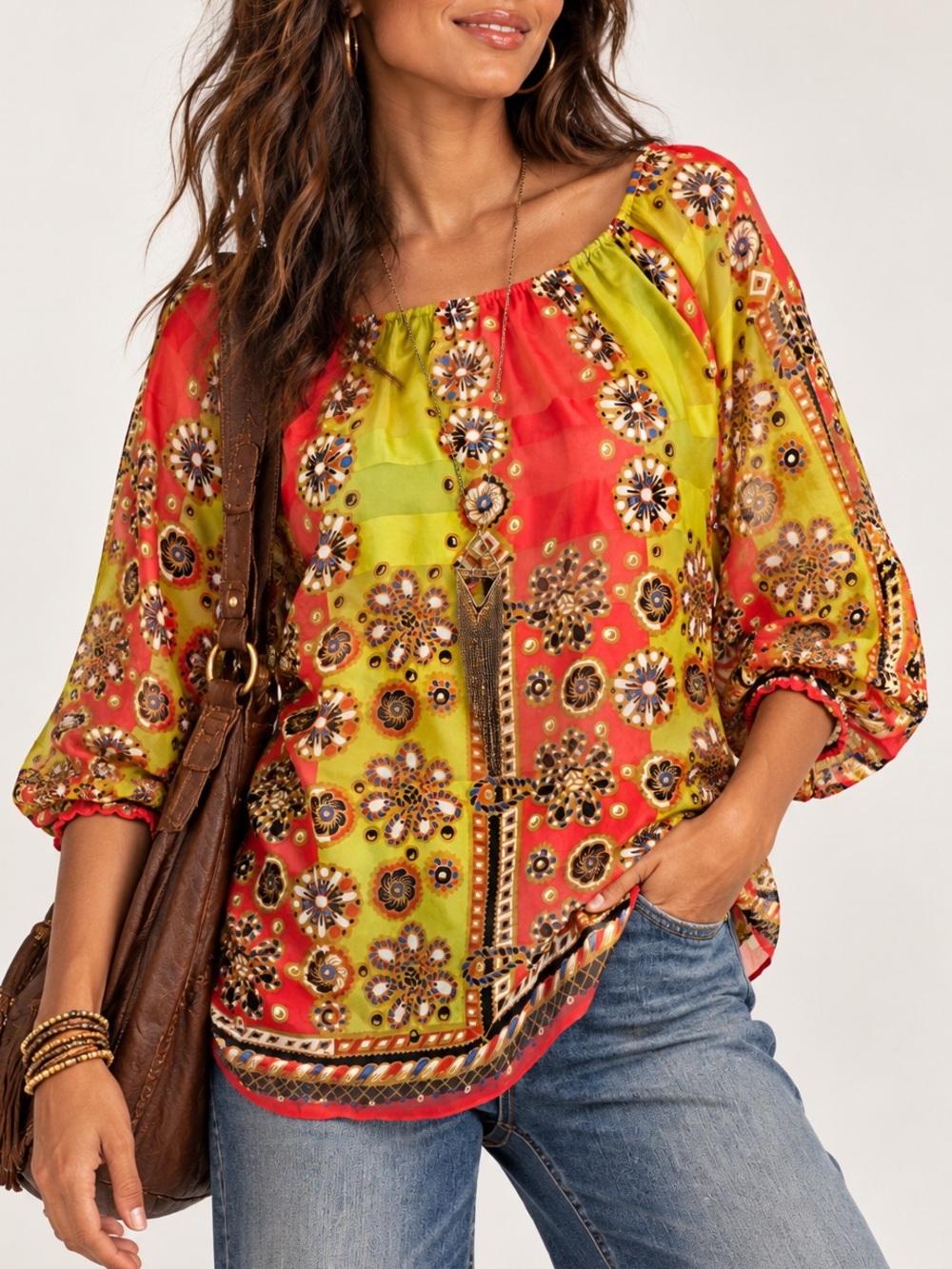 Fei Anthropologie Silk Floral Boho Blouse Sheer Flowy Peasant Top Small